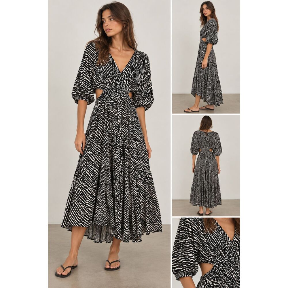 INDAH Amerta Zebra Print Midi Dress Black White X-Small
